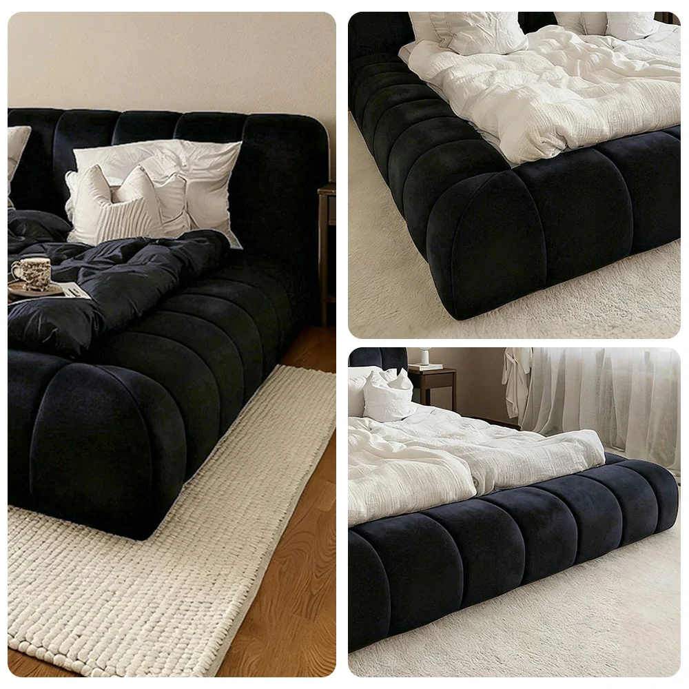 LUXORA Upholstered Bed Frame 150/180cm, Cotton-Linen Blend, Water-Resistant, High-Density Sponge Headboard, Reinforced Steel Frame - Black - Image 3