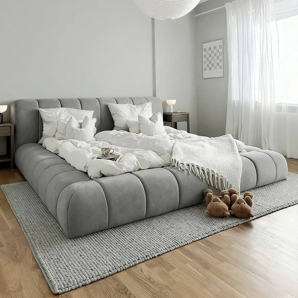 LUXORA Upholstered Bed Frame 150/180cm, Cotton-Linen Blend, Water-Resistant, High-Density Sponge Headboard, Reinforced Steel Frame - Grey - Image 4