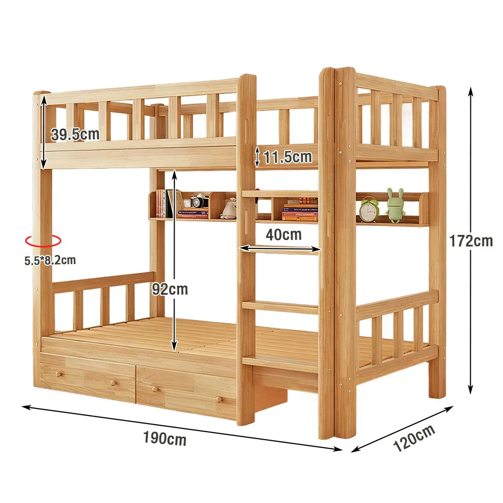 Installation Included LUXORA Solid Rubber Wood Bunk Bed with Drawer & Bookshelf - 120/135/150cm, Durable Frame, Safe Guardrails, Practical Storage Design - Natural Wood - Image 5