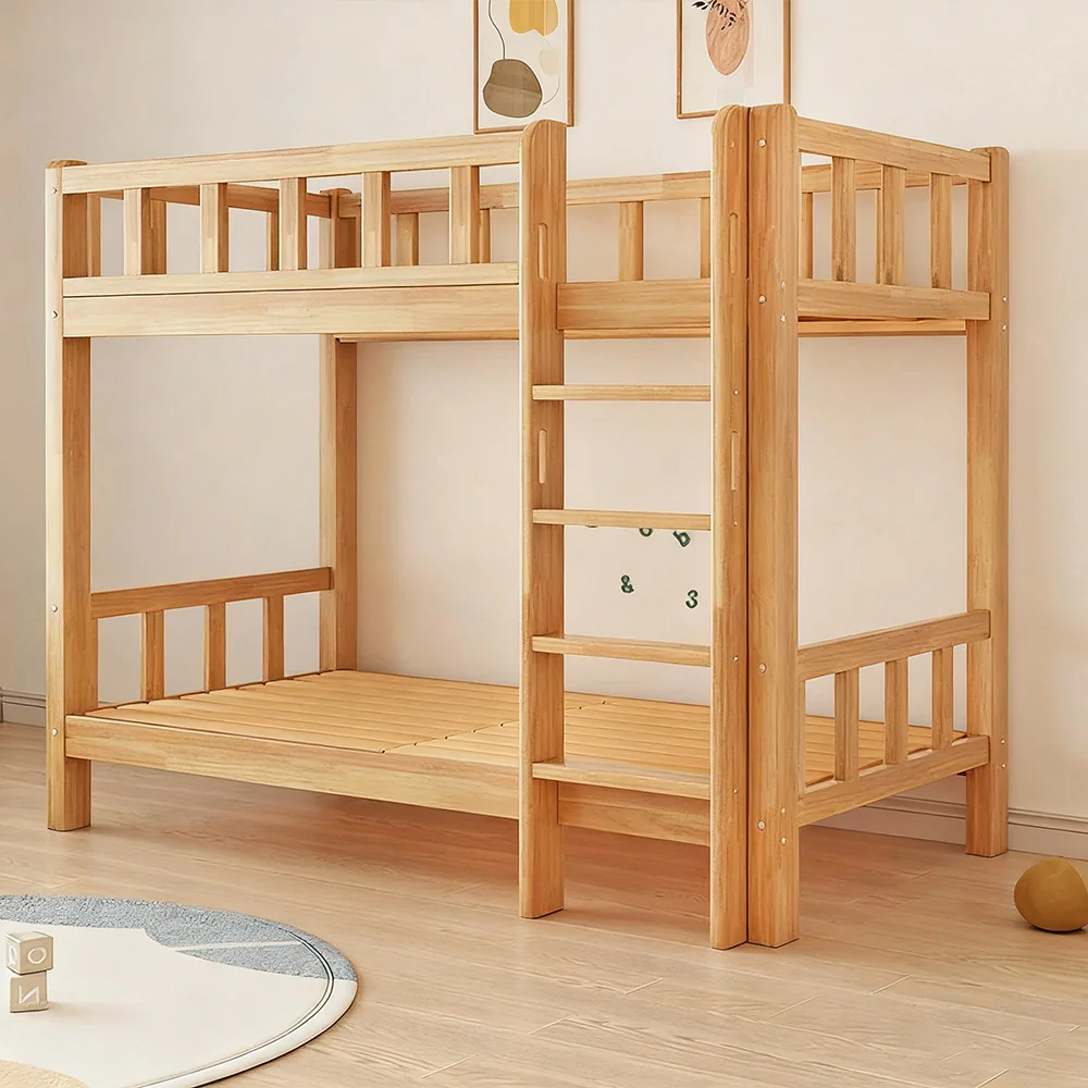 Installation Included LUXORA Solid Rubber Wood Bunk Bed - 120/135/150cm, Durable Frame, Safe Guardrails, Minimalist Design, Eco-Friendly Finish - Natural Wood - Image 2