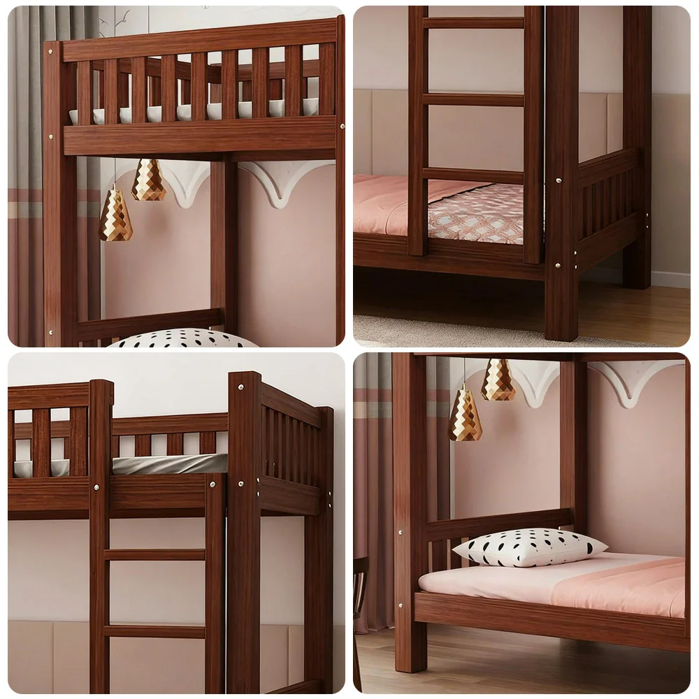 Installation Included LUXORA Bunk Bed Eco-Friendly Solid Wood, 120/135/150cm, Wide Ladder with Protective Handrails, Reinforced Frame - Brown - Image 3