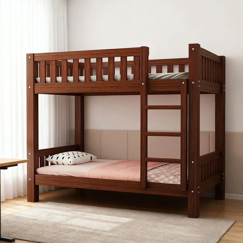 Installation Included LUXORA Bunk Bed Eco-Friendly Solid Wood, 120/135/150cm, Wide Ladder with Protective Handrails, Reinforced Frame - Brown - Image 4