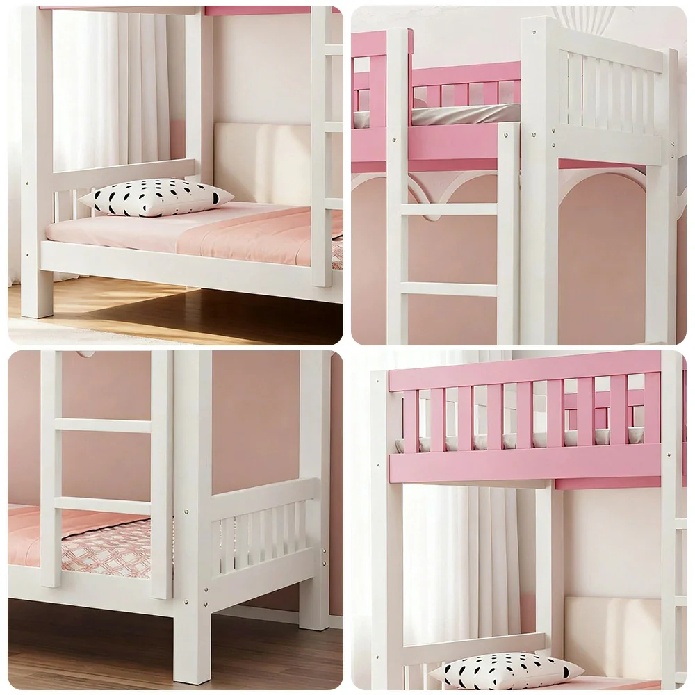 Installation Included LUXORA Bunk Bed Eco-Friendly Solid Wood, 120/135/150cm, Wide Ladder with Protective Handrails, Reinforced Frame - Pink - Image 3