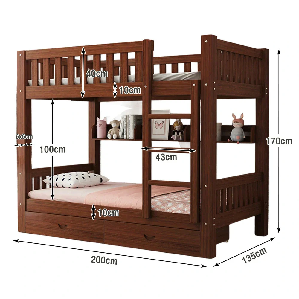 Installation Included LUXORA Bunk Bed Eco-Friendly Solid Wood, 120/135/150cm, Built-in Bookshelf, Dual Under-Bed Storage Drawers, Flexible Ladder - Brown - Image 6
