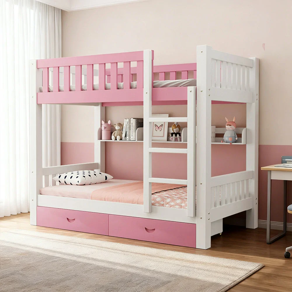 Installation Included LUXORA Bunk Bed Eco-Friendly Solid Wood, 120/135/150cm, Built-in Bookshelf, Dual Under-Bed Storage Drawers, Flexible Ladder - Pink - Image 2
