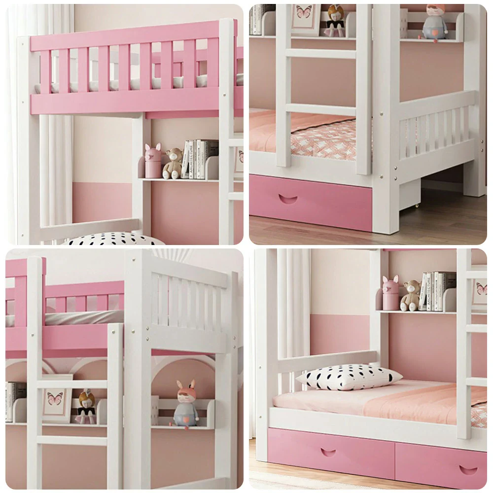 Installation Included LUXORA Bunk Bed Eco-Friendly Solid Wood, 120/135/150cm, Built-in Bookshelf, Dual Under-Bed Storage Drawers, Flexible Ladder - Pink - Image 3