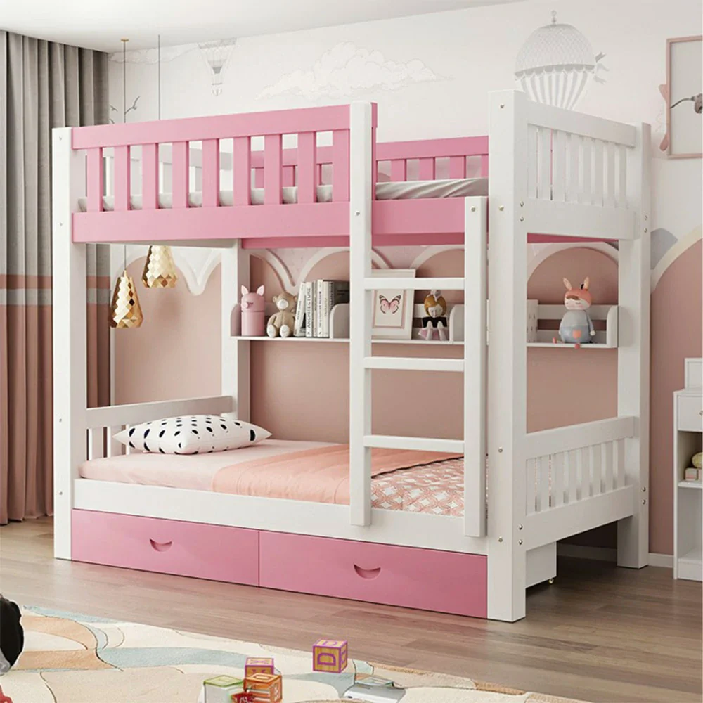 Installation Included LUXORA Bunk Bed Eco-Friendly Solid Wood, 120/135/150cm, Built-in Bookshelf, Dual Under-Bed Storage Drawers, Flexible Ladder - Pink - Image 4
