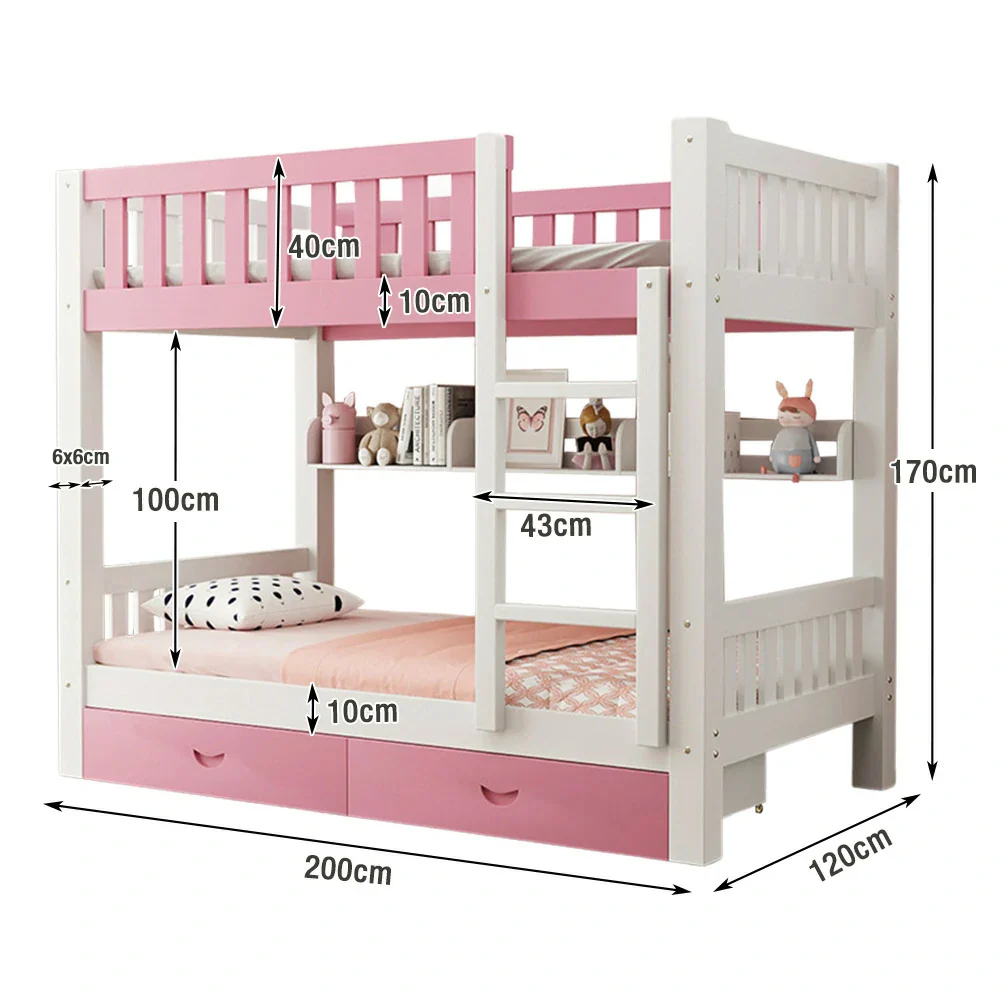 Installation Included LUXORA Bunk Bed Eco-Friendly Solid Wood, 120/135/150cm, Built-in Bookshelf, Dual Under-Bed Storage Drawers, Flexible Ladder - Pink - Image 5