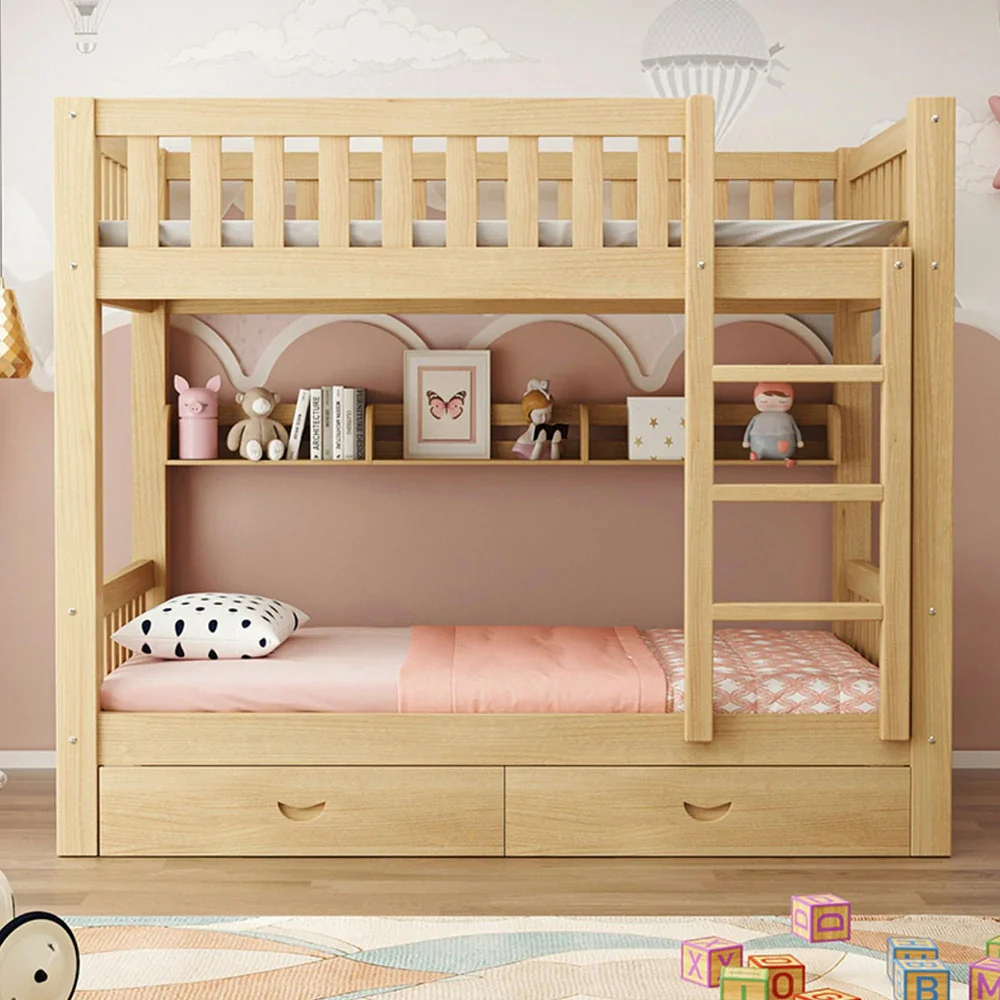 Installation Included LUXORA Bunk Bed Eco-Friendly Solid Wood, 120/135/150cm, Built-in Bookshelf, Dual Under-Bed Storage Drawers, Flexible Ladder - Wood - Image 2