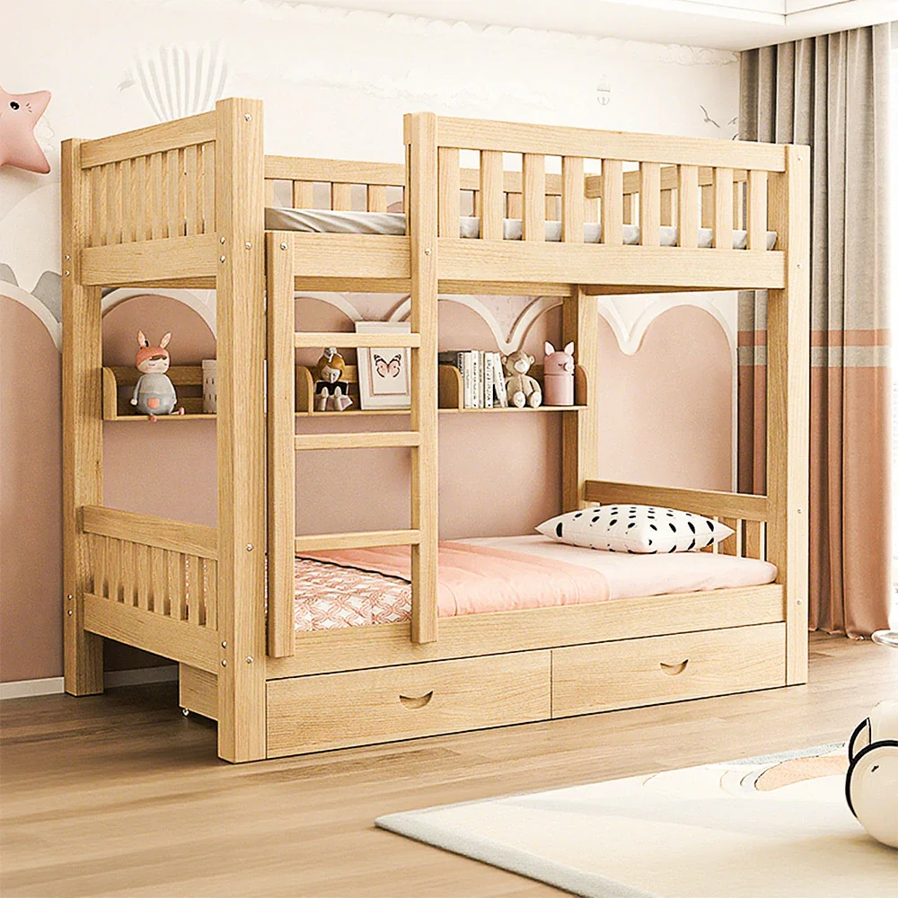 Installation Included LUXORA Bunk Bed Eco-Friendly Solid Wood, 120/135/150cm, Built-in Bookshelf, Dual Under-Bed Storage Drawers, Flexible Ladder - Wood - Image 4