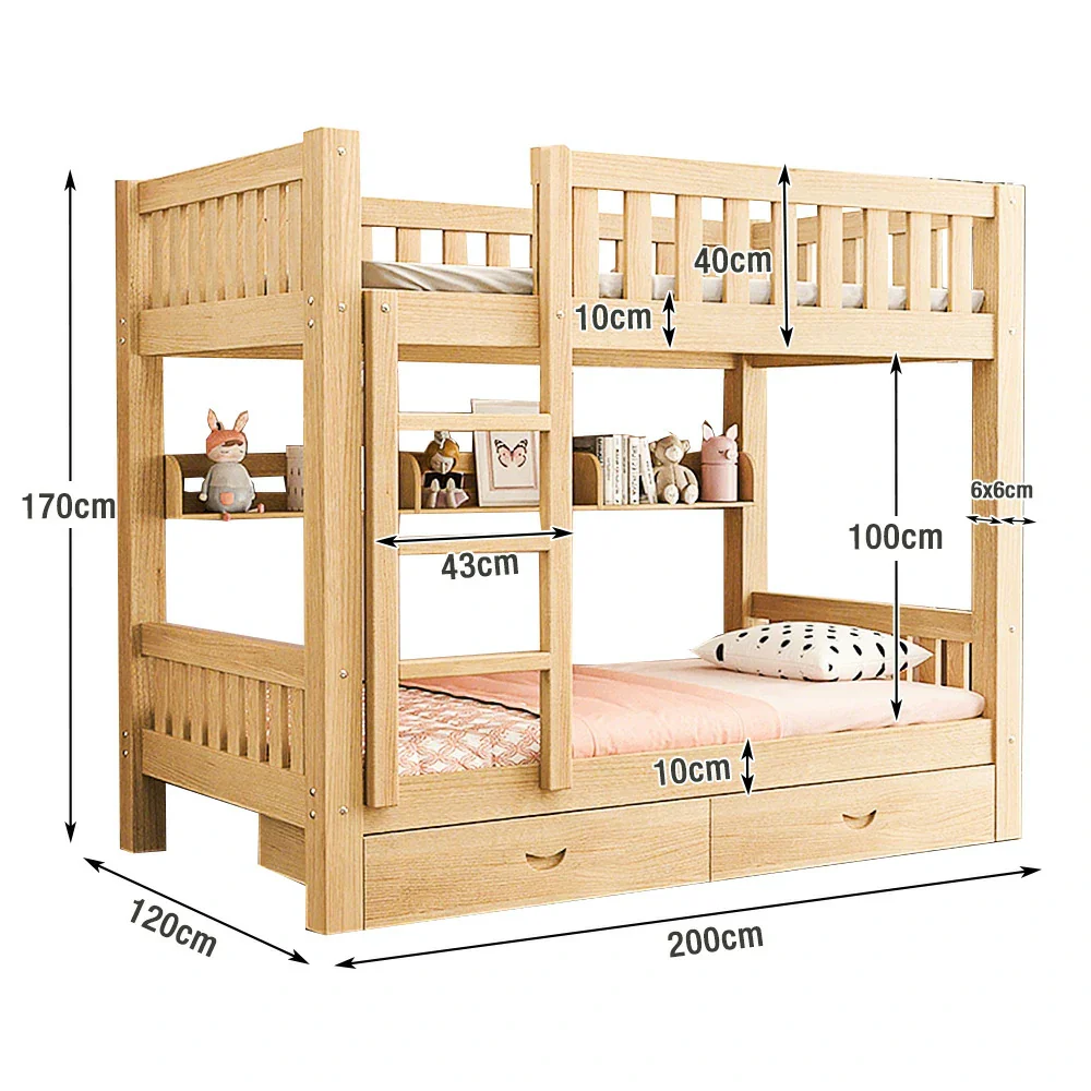 Installation Included LUXORA Bunk Bed Eco-Friendly Solid Wood, 120/135/150cm, Built-in Bookshelf, Dual Under-Bed Storage Drawers, Flexible Ladder - Wood - Image 5