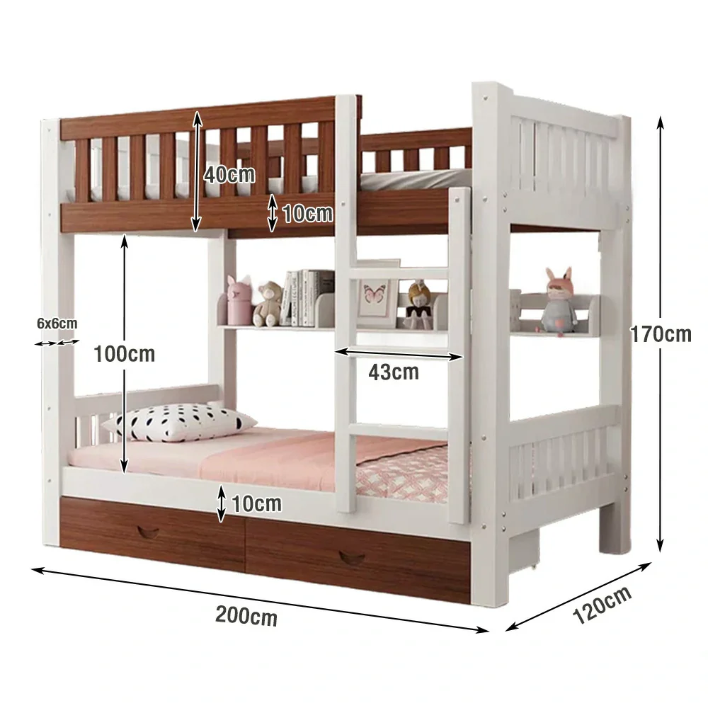 Installation Included LUXORA Bunk Bed Eco-Friendly Solid Wood, 120/135/150cm, Built-in Bookshelf, Dual Under-Bed Storage Drawers, Flexible Ladder - White and Brown - Image 5