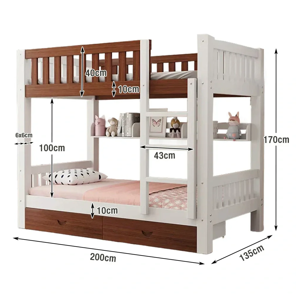 Installation Included LUXORA Bunk Bed Eco-Friendly Solid Wood, 120/135/150cm, Built-in Bookshelf, Dual Under-Bed Storage Drawers, Flexible Ladder - White and Brown - Image 6