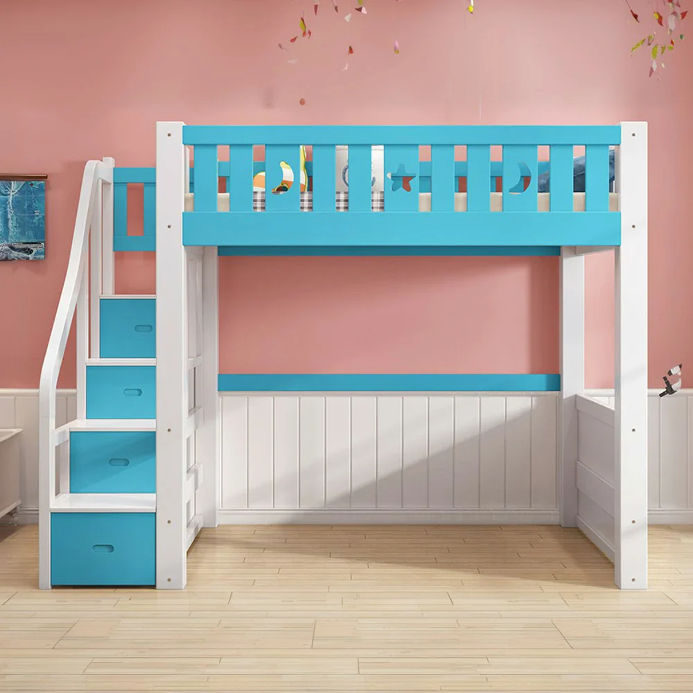Installation Included LUXORA Multifunctional Bunk Bed 120/135/150cm Eco-Friendly Solid Wood, 40cm Guardrails, Wide Safe Ladder - Blue - Image 2