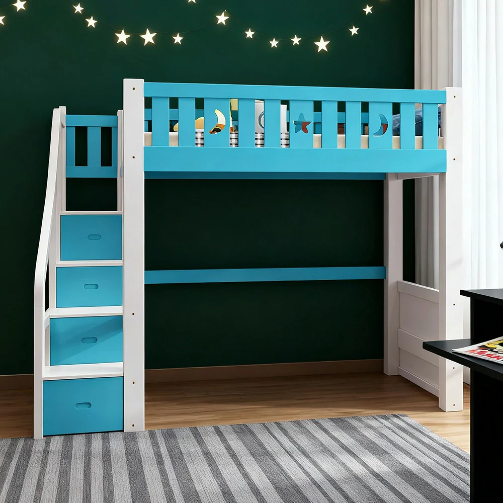 Installation Included LUXORA Multifunctional Bunk Bed 120/135/150cm Eco-Friendly Solid Wood, 40cm Guardrails, Wide Safe Ladder - Blue - Image 4