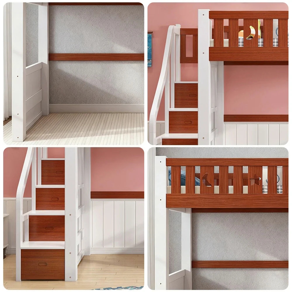 Installation Included LUXORA Multifunctional Bunk Bed 120/135/150cm Eco-Friendly Solid Wood, 40cm Guardrails, Wide Safe Ladder - Brown & White - Image 3