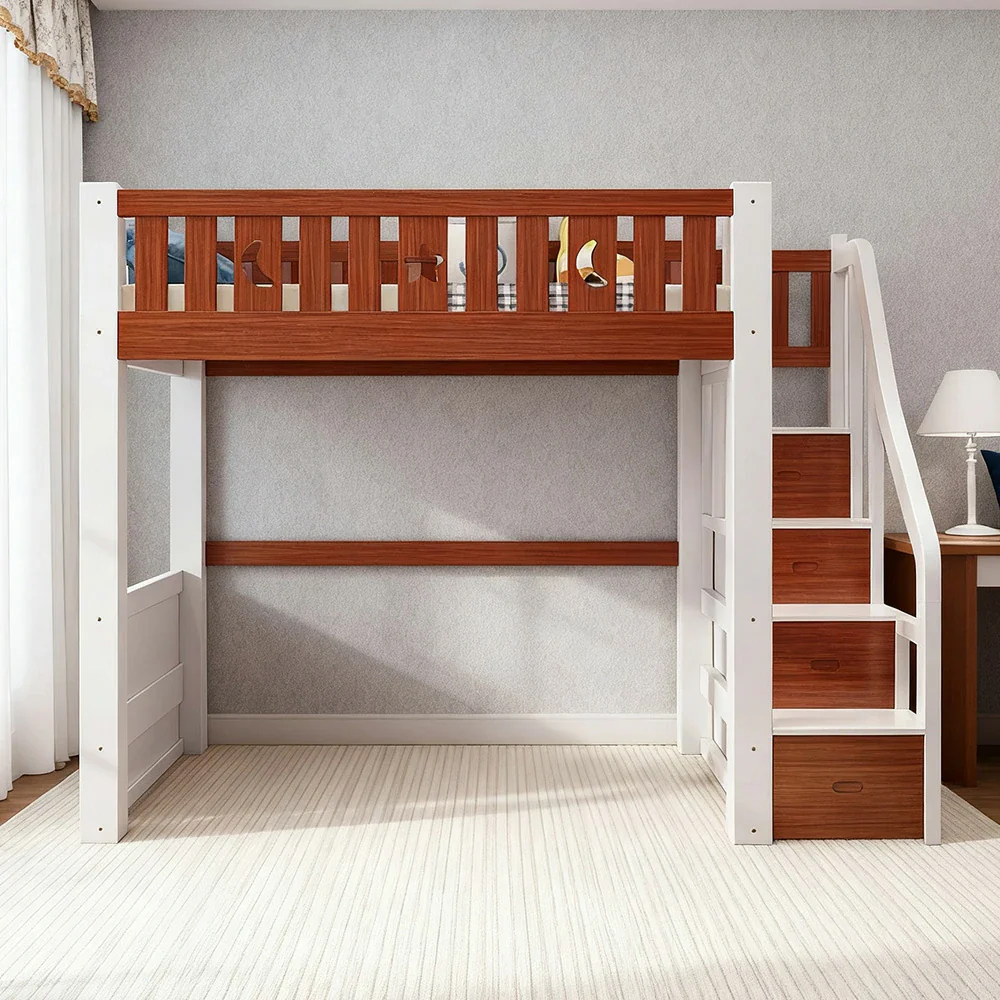 Installation Included LUXORA Multifunctional Bunk Bed 120/135/150cm Eco-Friendly Solid Wood, 40cm Guardrails, Wide Safe Ladder - Brown & White - Image 4