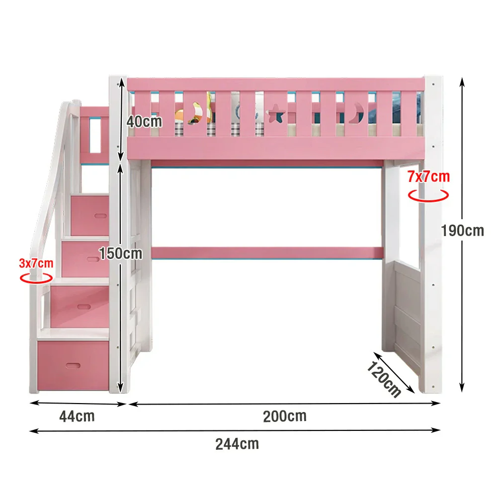 Installation Included LUXORA Multifunctional Bunk Bed 120/135/150cm Eco-Friendly Solid Wood, 40cm Guardrails, Wide Safe Ladder - Pink - Image 5