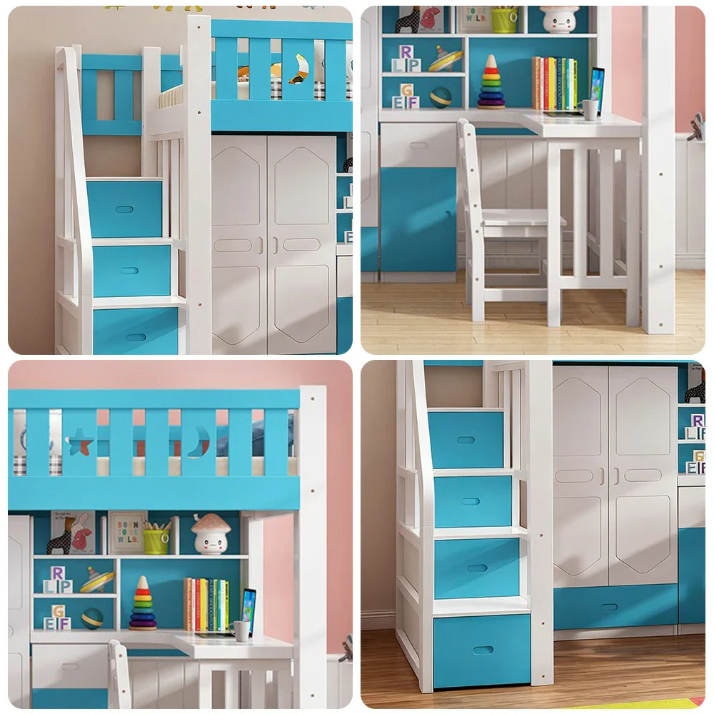Installation Included LUXORA Multifunctional Bunk Bed 120/135/150cm Eco-Friendly Solid Wood, 40cm Guardrails, Built-in Desk Bookshelf Wardrobe, Wide Safe Ladder - Blue - Image 3