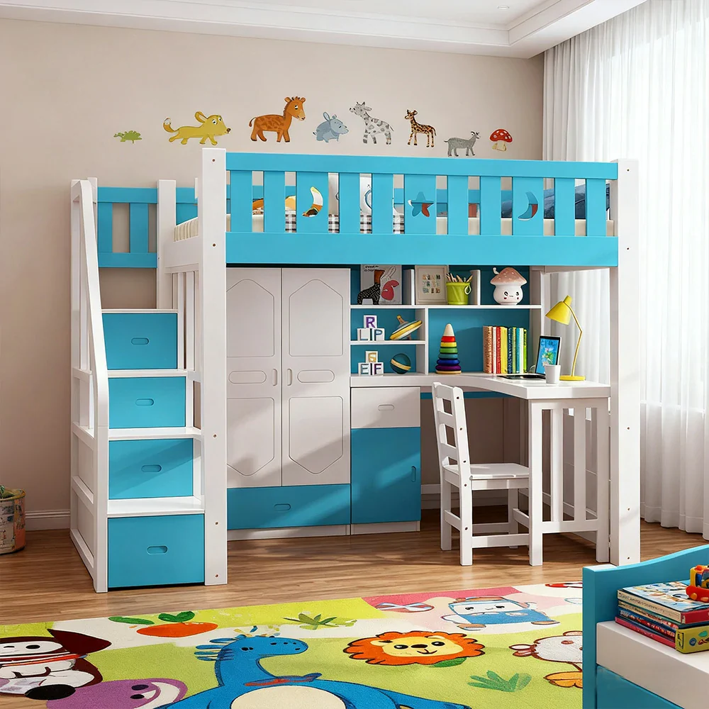 Installation Included LUXORA Multifunctional Bunk Bed 120/135/150cm Eco-Friendly Solid Wood, 40cm Guardrails, Built-in Desk Bookshelf Wardrobe, Wide Safe Ladder - Blue - Image 4