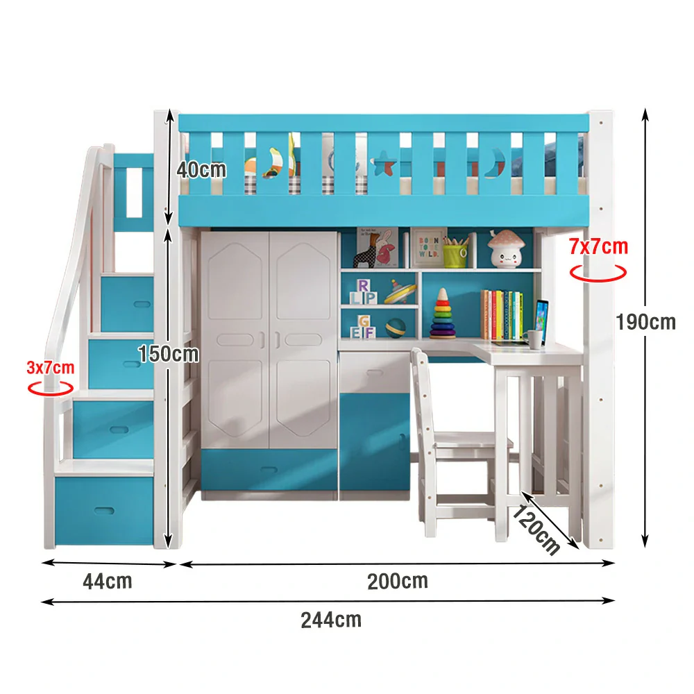 Installation Included LUXORA Multifunctional Bunk Bed 120/135/150cm Eco-Friendly Solid Wood, 40cm Guardrails, Built-in Desk Bookshelf Wardrobe, Wide Safe Ladder - Blue - Image 5