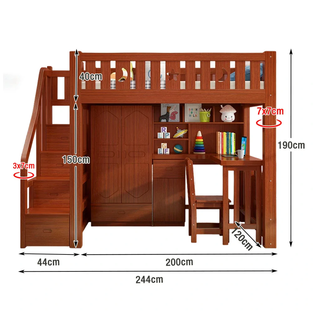 Installation Included LUXORA Multifunctional Bunk Bed 120/135/150cm Eco-Friendly Solid Wood, 40cm Guardrails, Built-in Desk Bookshelf Wardrobe, Wide Safe Ladder - Brown - Image 5