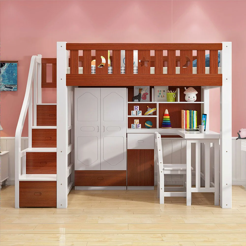 Installation Included LUXORA Multifunctional Bunk Bed 120/135/150cm Eco-Friendly Solid Wood, 40cm Guardrails, Built-in Desk Bookshelf Wardrobe, Wide Safe Ladder - Brown and White - Image 2