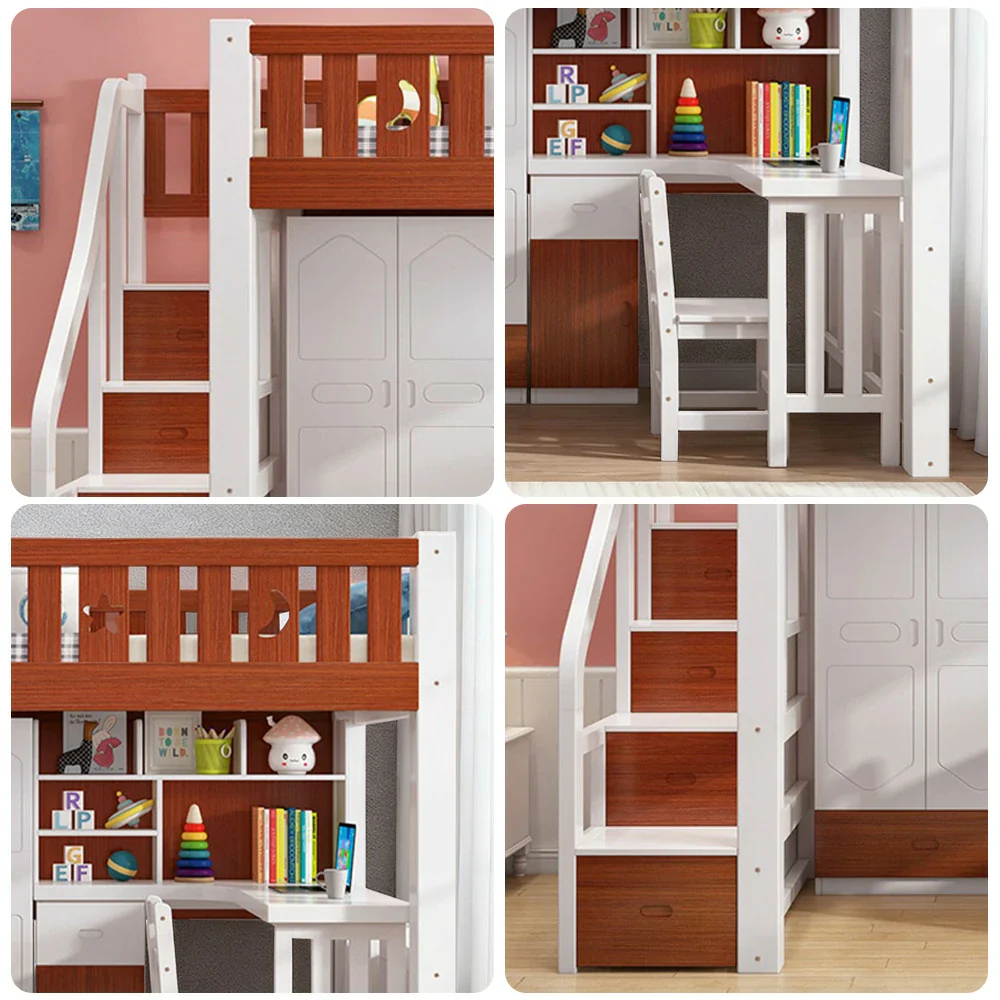 Installation Included LUXORA Multifunctional Bunk Bed 120/135/150cm Eco-Friendly Solid Wood, 40cm Guardrails, Built-in Desk Bookshelf Wardrobe, Wide Safe Ladder - Brown and White - Image 3