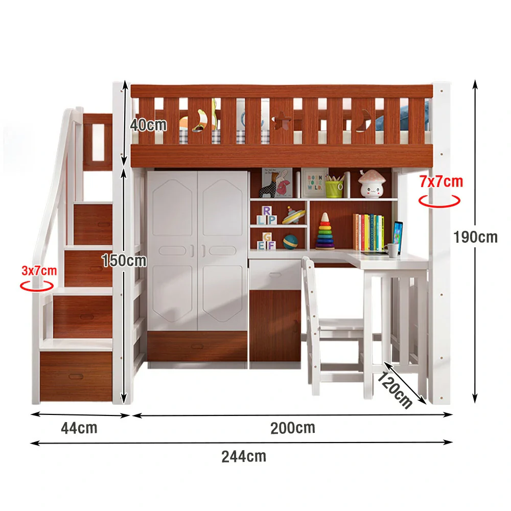 Installation Included LUXORA Multifunctional Bunk Bed 120/135/150cm Eco-Friendly Solid Wood, 40cm Guardrails, Built-in Desk Bookshelf Wardrobe, Wide Safe Ladder - Brown and White - Image 5