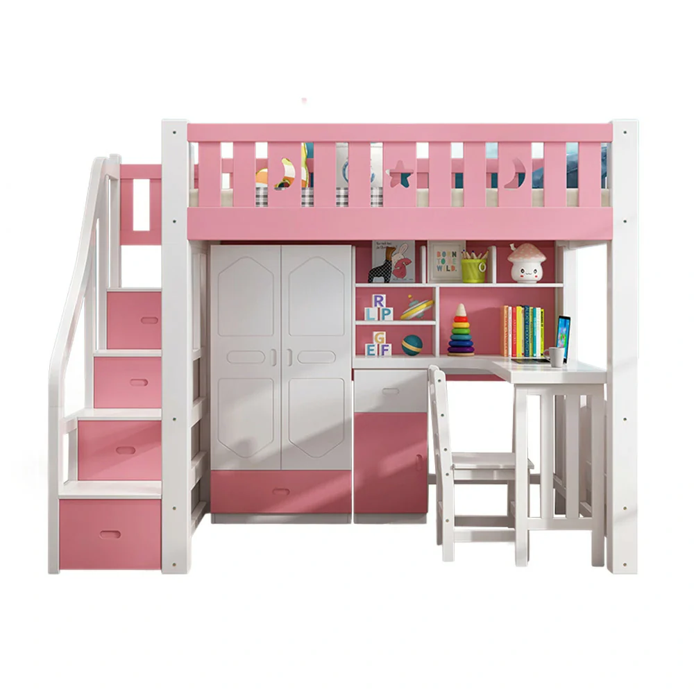 Installation Included LUXORA Multifunctional Bunk Bed 120/135/150cm Eco-Friendly Solid Wood, 40cm Guardrails, Built-in Desk Bookshelf Wardrobe, Wide Safe Ladder - Pink