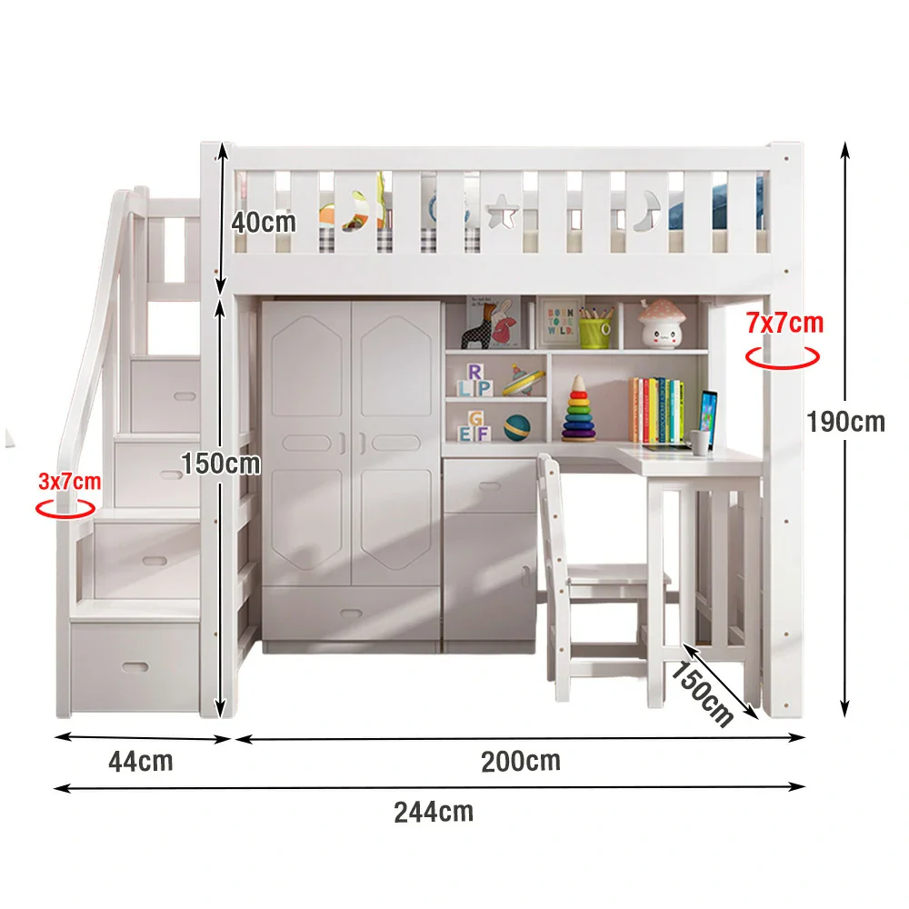 Installation Included LUXORA Multifunctional Bunk Bed 120/135/150cm Eco-Friendly Solid Wood, 40cm Guardrails, Built-in Desk Bookshelf Wardrobe, Wide Safe Ladder - White - Image 7