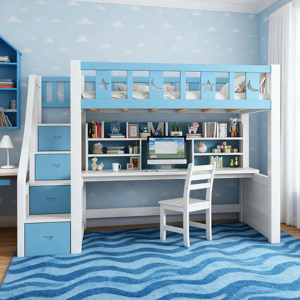 Installation Included LUXORA Multifunctional Bunk Bed 120/135/150cm Eco-Friendly Solid Wood, Built-in Desk with Bookshelf, Extra Storage Cabinet, Wide Safe Ladder - Blue - Image 4
