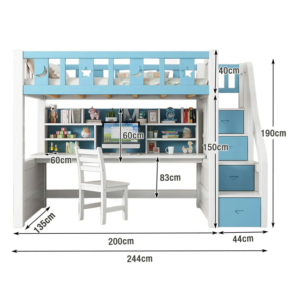 Installation Included LUXORA Multifunctional Bunk Bed 120/135/150cm Eco-Friendly Solid Wood, Built-in Desk with Bookshelf, Extra Storage Cabinet, Wide Safe Ladder - Blue - Image 6
