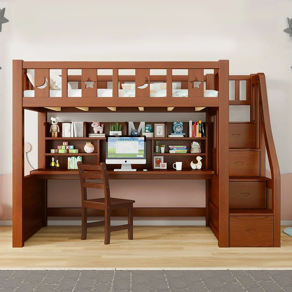 Installation Included LUXORA Multifunctional Bunk Bed 120/135/150cm Eco-Friendly Solid Wood, Built-in Desk with Bookshelf, Extra Storage Cabinet, Wide Safe Ladder - Brown - Image 2