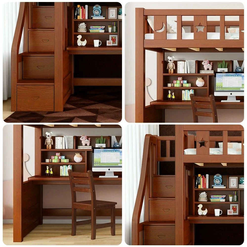 Installation Included LUXORA Multifunctional Bunk Bed 120/135/150cm Eco-Friendly Solid Wood, Built-in Desk with Bookshelf, Extra Storage Cabinet, Wide Safe Ladder - Brown - Image 3