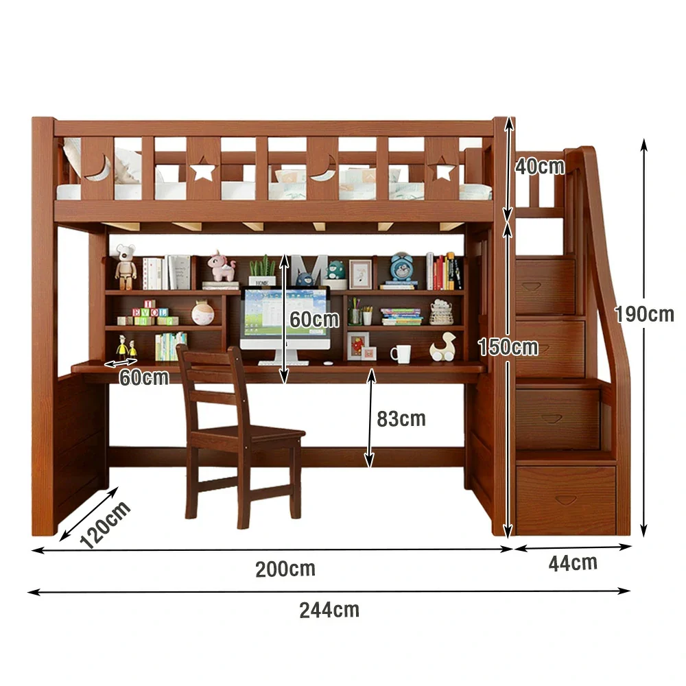 Installation Included LUXORA Multifunctional Bunk Bed 120/135/150cm Eco-Friendly Solid Wood, Built-in Desk with Bookshelf, Extra Storage Cabinet, Wide Safe Ladder - Brown - Image 5