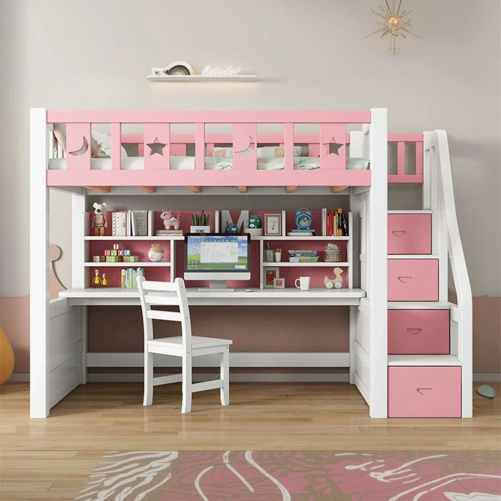 Installation Included LUXORA Multifunctional Bunk Bed 120/135/150cm Eco-Friendly Solid Wood, Built-in Desk with Bookshelf, Extra Storage Cabinet, Wide Safe Ladder - Pink - Image 2