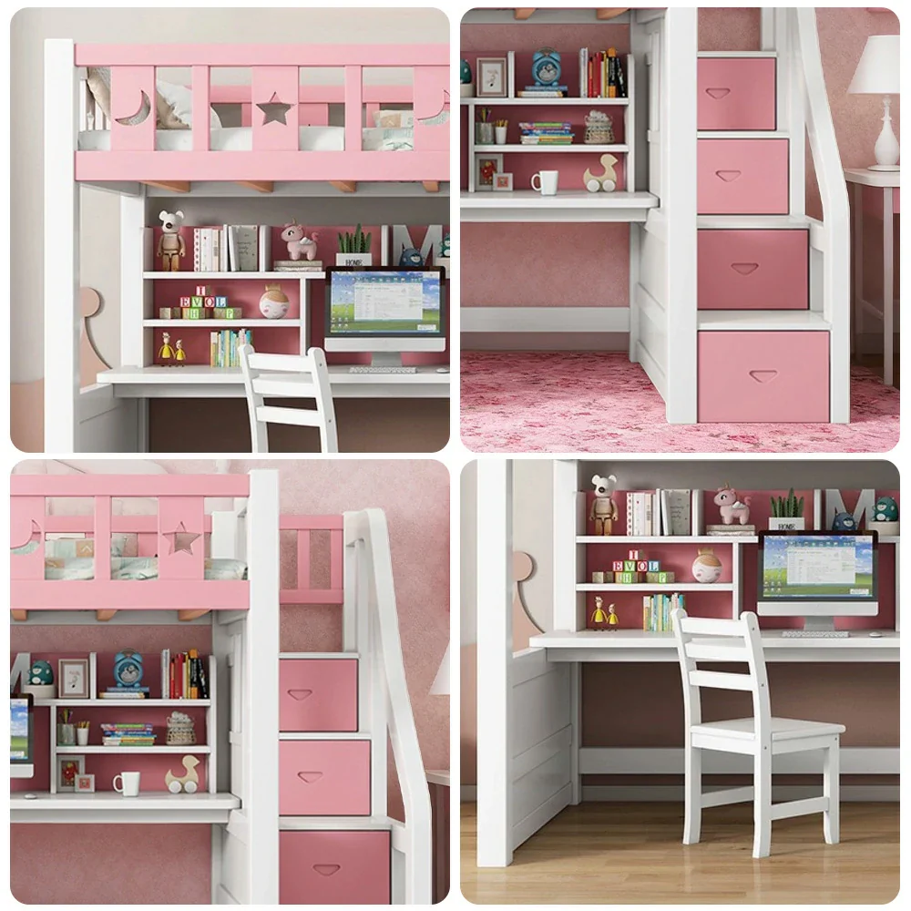 Installation Included LUXORA Multifunctional Bunk Bed 120/135/150cm Eco-Friendly Solid Wood, Built-in Desk with Bookshelf, Extra Storage Cabinet, Wide Safe Ladder - Pink - Image 3