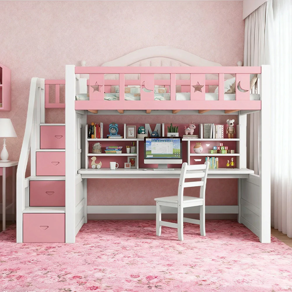 Installation Included LUXORA Multifunctional Bunk Bed 120/135/150cm Eco-Friendly Solid Wood, Built-in Desk with Bookshelf, Extra Storage Cabinet, Wide Safe Ladder - Pink - Image 4