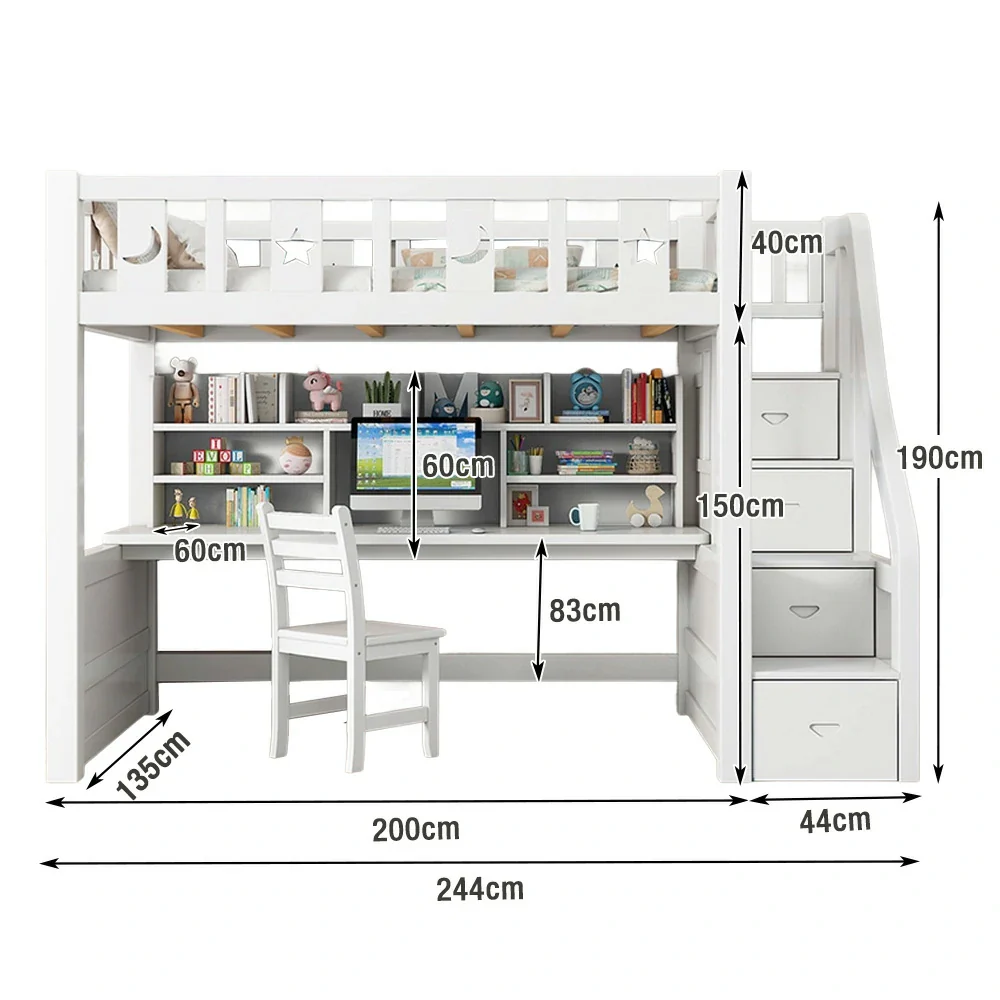 Installation Included LUXORA Multifunctional Bunk Bed 120/135/150cm Eco-Friendly Solid Wood, Built-in Desk with Bookshelf, Extra Storage Cabinet, Wide Safe Ladder - White - Image 6