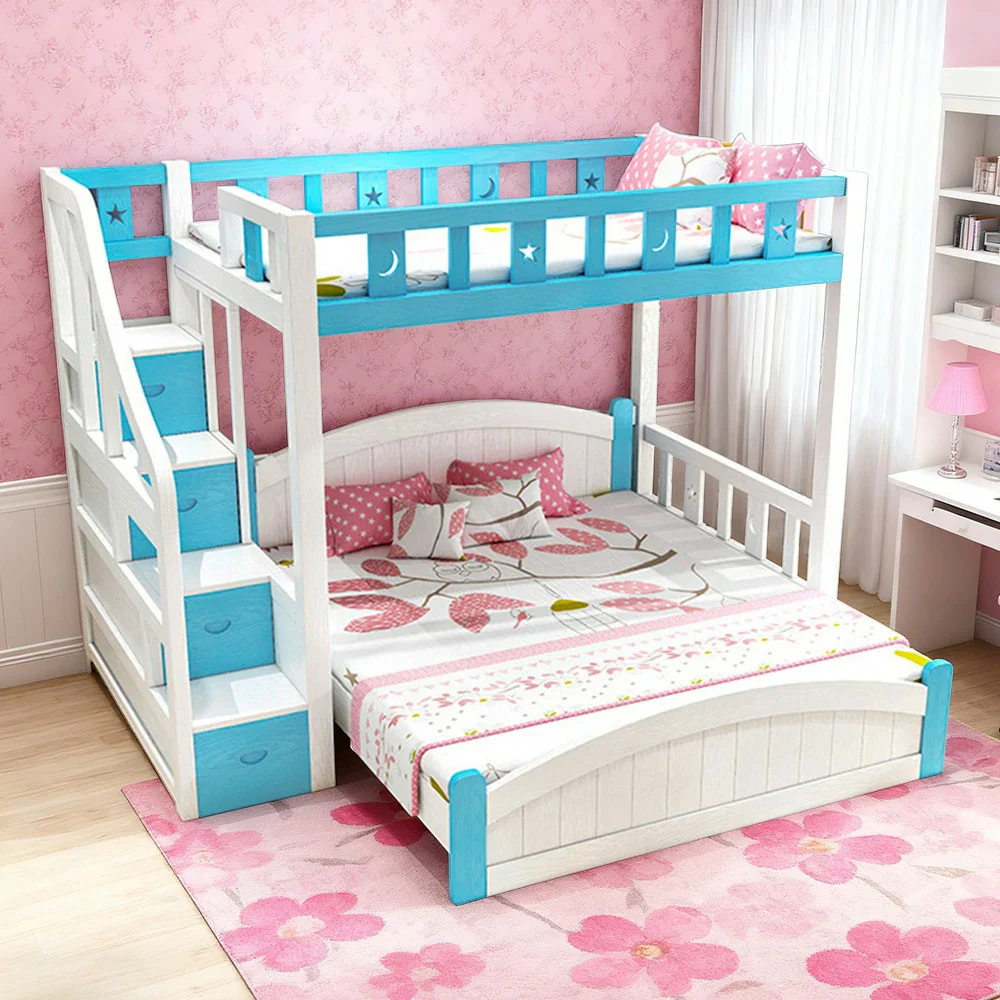 Installation Included LUXORA Bunk Bed 120/135/150cm - Eco-Friendly Solid Wood, Reinforced Legs with Protective Edging, Wide Ladder Cabinet, Safe and Durable Design - Blue - Image 4