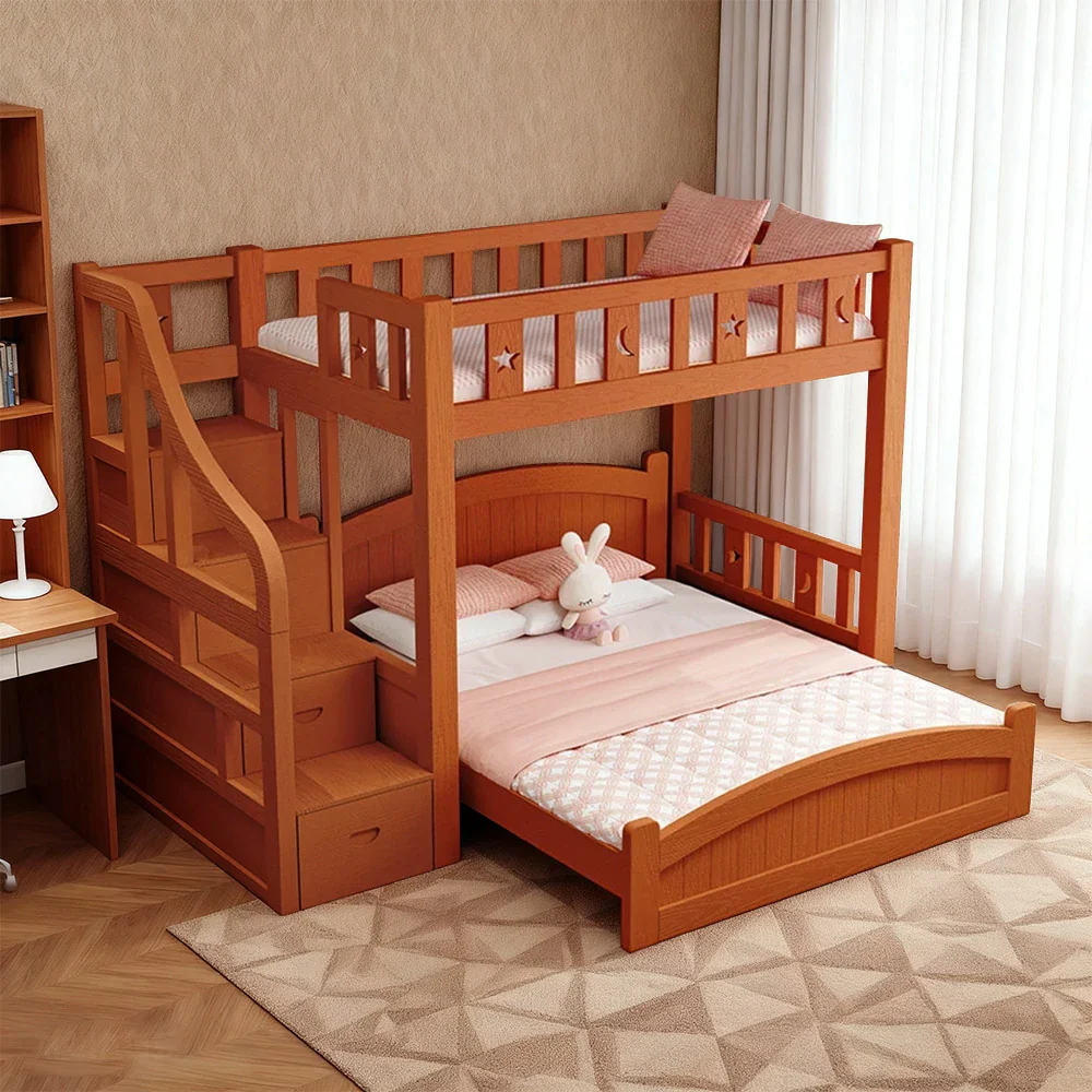 Installation Included LUXORA Bunk Bed 120/135/150cm - Eco-Friendly Solid Wood, Reinforced Legs with Protective Edging, Wide Ladder Cabinet, Safe and Durable Design - Brown - Image 4