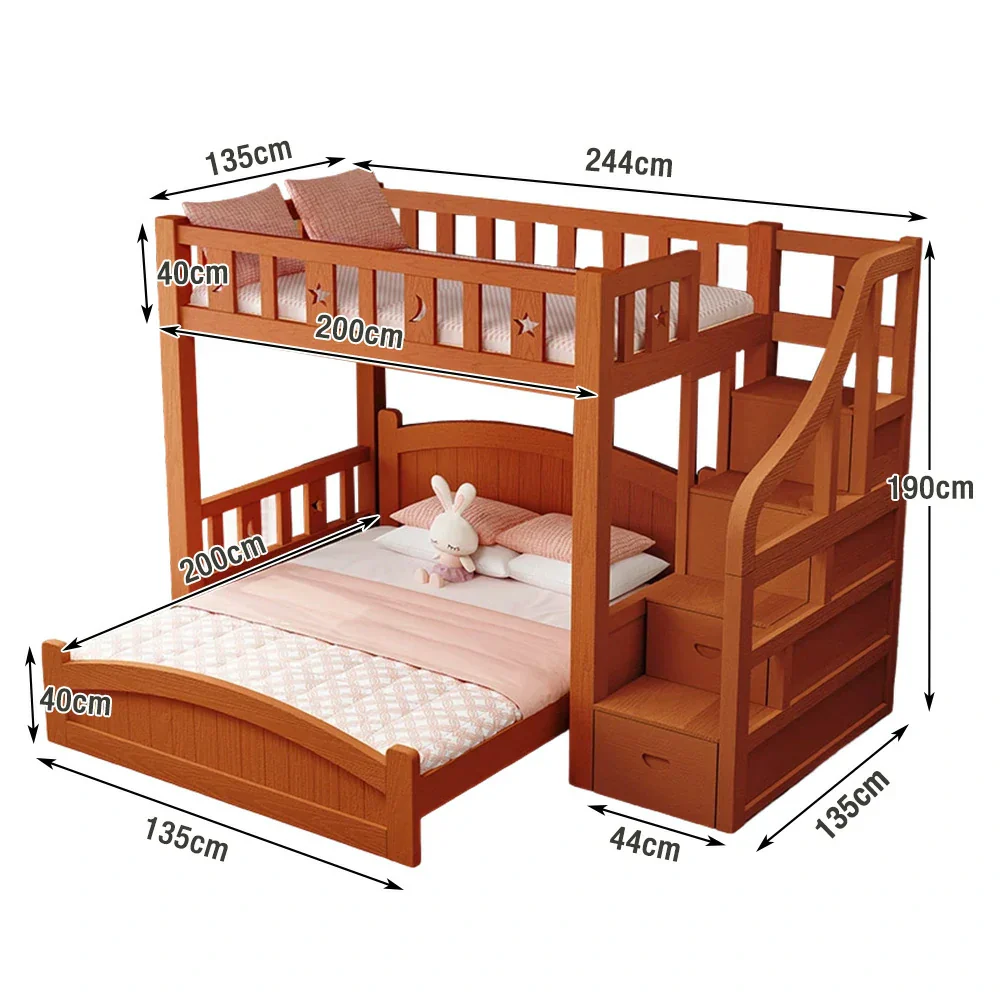 Installation Included LUXORA Bunk Bed 120/135/150cm - Eco-Friendly Solid Wood, Reinforced Legs with Protective Edging, Wide Ladder Cabinet, Safe and Durable Design - Brown - Image 6