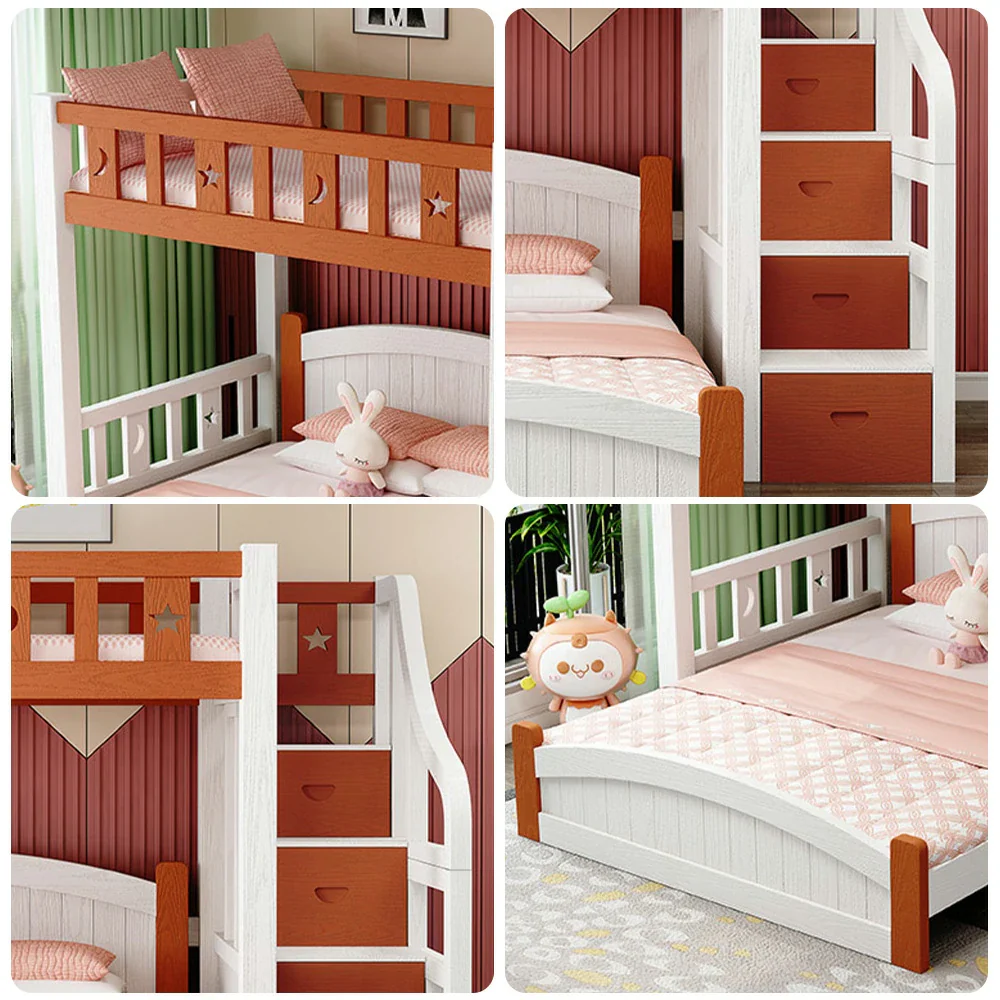 Installation Included LUXORA Bunk Bed 120/135/150cm - Eco-Friendly Solid Wood, Reinforced Legs with Protective Edging, Wide Ladder Cabinet, Safe and Durable Design - Brown and White - Image 3