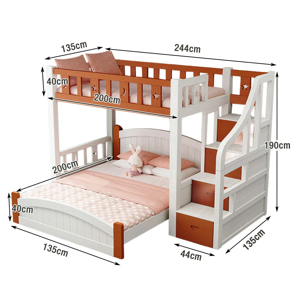 Installation Included LUXORA Bunk Bed 120/135/150cm - Eco-Friendly Solid Wood, Reinforced Legs with Protective Edging, Wide Ladder Cabinet, Safe and Durable Design - Brown and White - Image 6