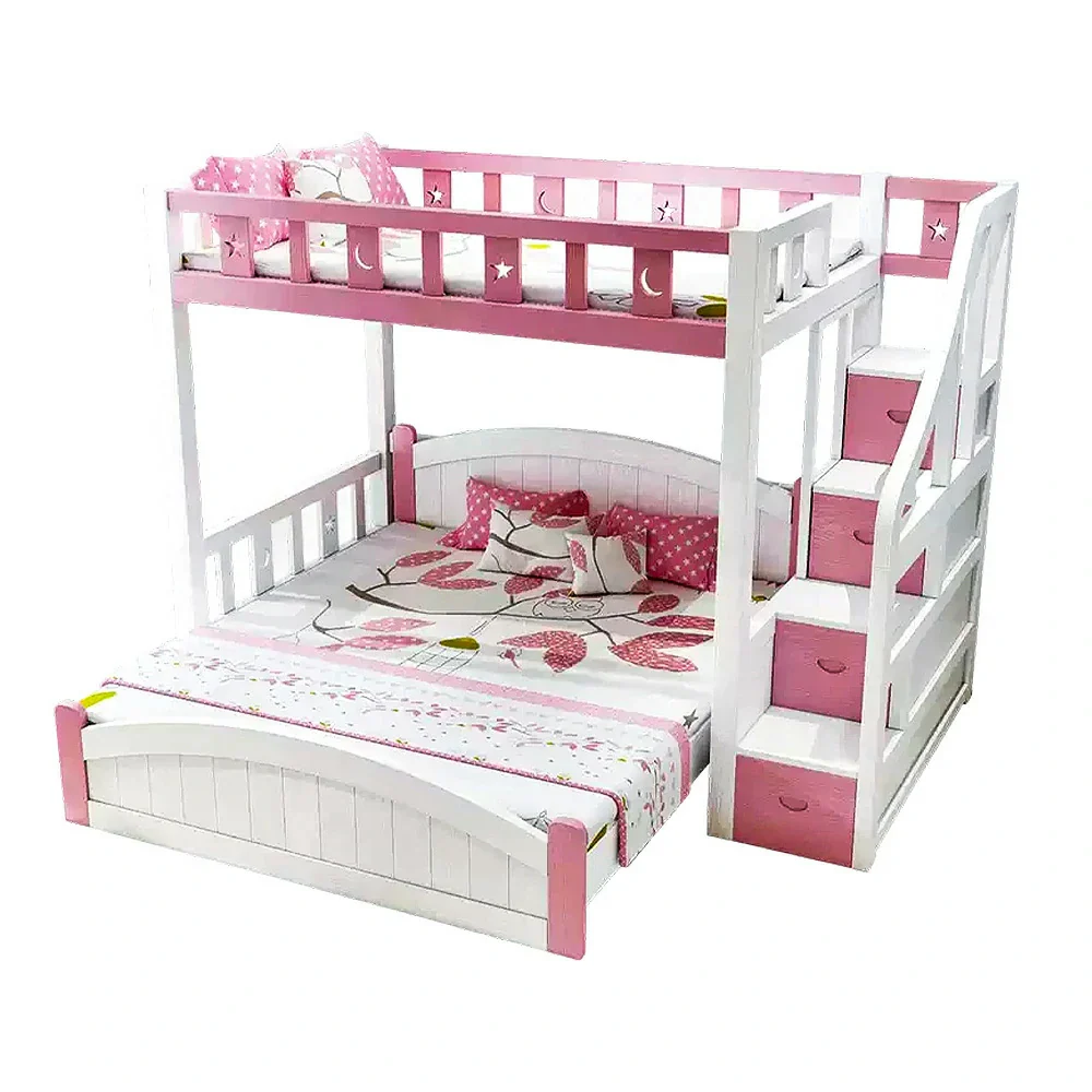 Installation Included LUXORA Bunk Bed 120/135/150cm - Eco-Friendly Solid Wood, Reinforced Legs with Protective Edging, Wide Ladder Cabinet, Safe and Durable Design - Pink