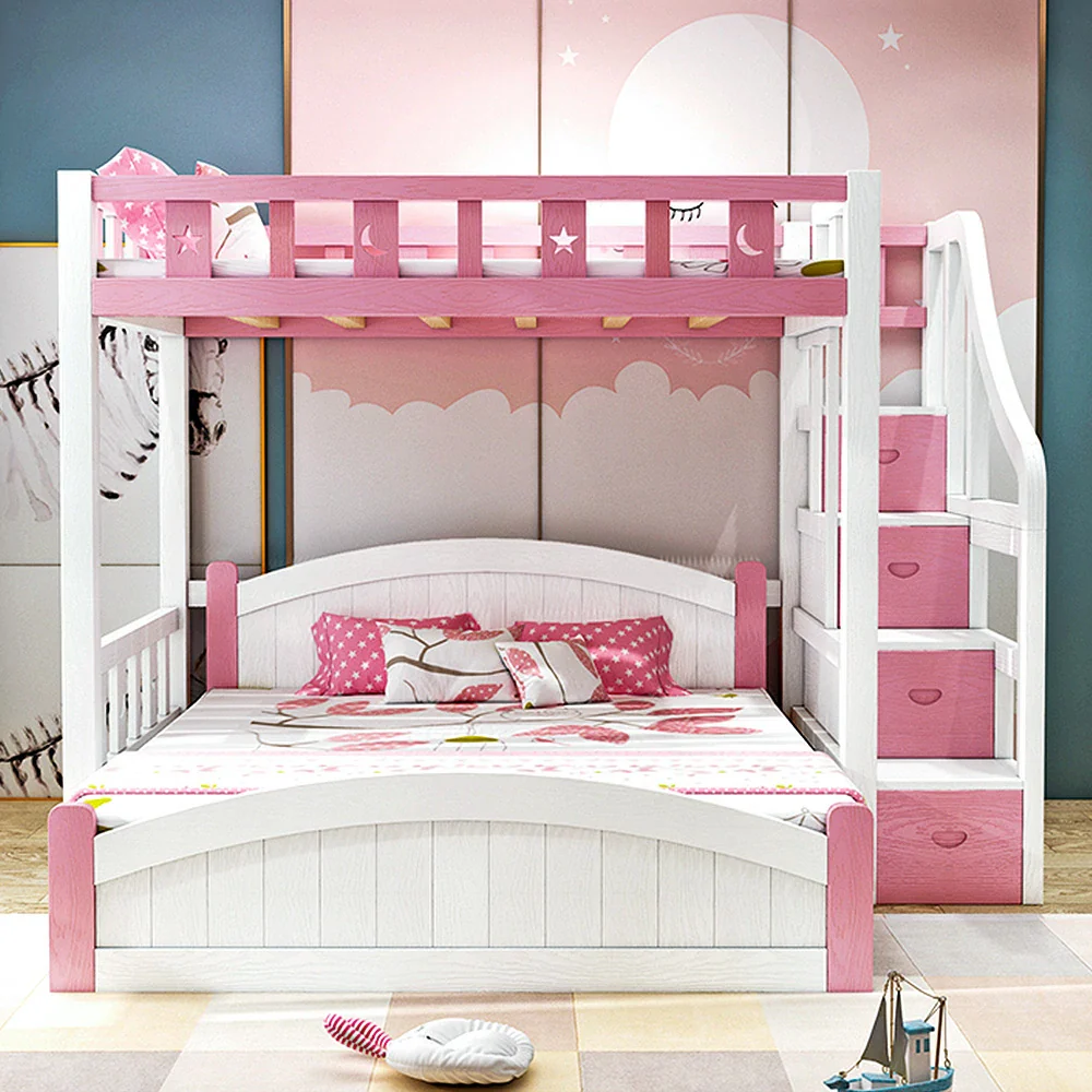 Installation Included LUXORA Bunk Bed 120/135/150cm - Eco-Friendly Solid Wood, Reinforced Legs with Protective Edging, Wide Ladder Cabinet, Safe and Durable Design - Pink - Image 4