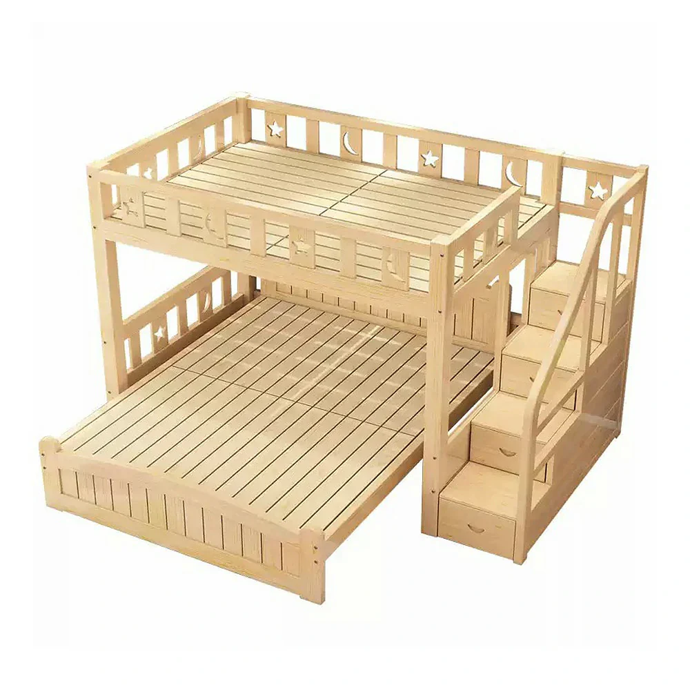 Installation Included LUXORA Bunk Bed 120/135/150cm - Eco-Friendly Solid Wood, Reinforced Legs with Protective Edging, Wide Ladder Cabinet, Safe and Durable Design - Wood