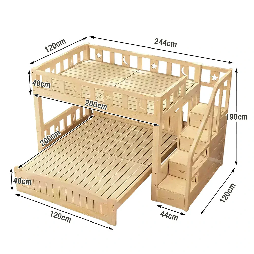Installation Included LUXORA Bunk Bed 120/135/150cm - Eco-Friendly Solid Wood, Reinforced Legs with Protective Edging, Wide Ladder Cabinet, Safe and Durable Design - Wood - Image 5