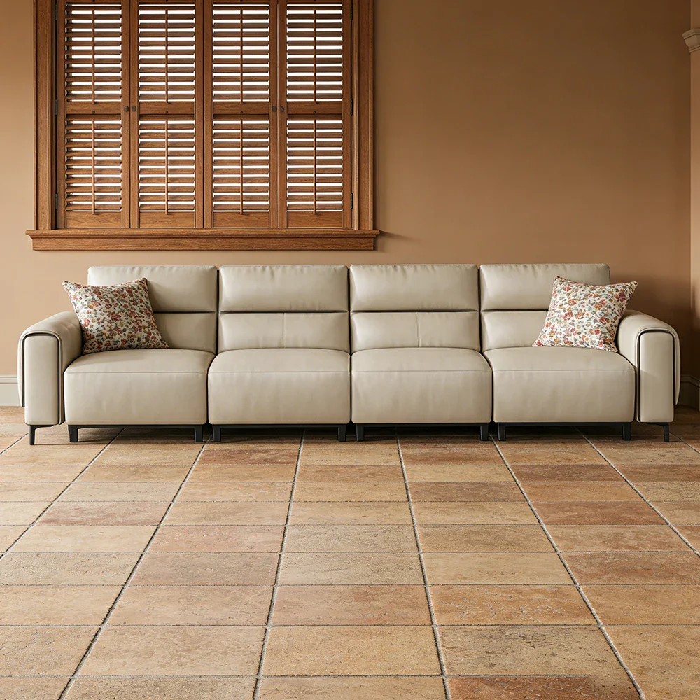 LUXORA 4-Seater Electric Recliner Sofa 310/370cm Wide-Angle Adjustment Top-Grain Leather Dual-Layer Comfort Cushion - Beige - Image 2